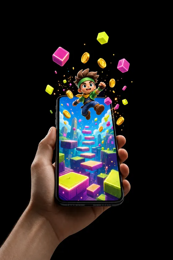 A hand holding a phone; a little game hero, coins and blocks burst out of the screen